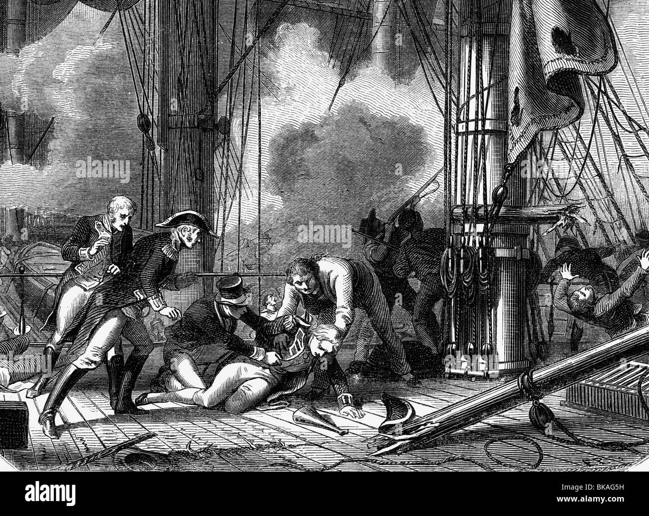 Nelson, Horatio, 29.9.1758 - 21.10.1805, britischer Admiral, Tod in der Schlacht von Trafalgar, Holzgravur, 19. Jahrhundert, Stockfoto