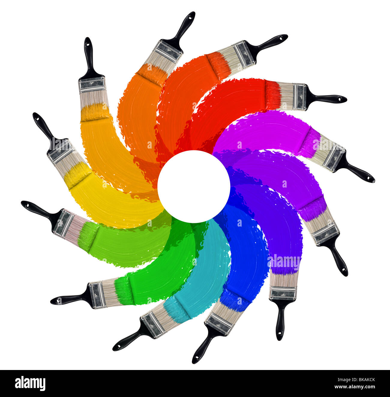 Bürsten mit zwölf verschiedenen Farben isoliert auf weißem Hintergrund Stockfoto
