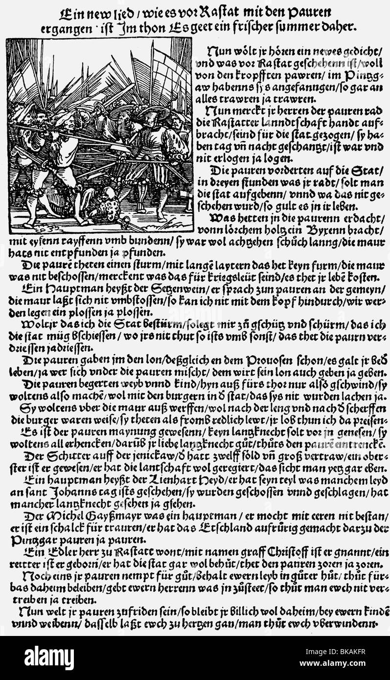 Ereignisse, Deutscher Bauernkrieg 1524 - 1526, Lied "ein neues gelogen / wie es vor Rastat mit den Pauren ergangen ist", das sich auf eine Verlobung in der Nähe von Rastatt bezieht, Einzelblatt mit einem Holzschnitt, der eine Kampfszene zeigt, 1526, Stockfoto
