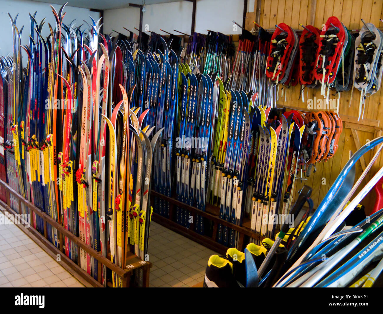 Langlauf / Ski für die Einstellung / mieten in der französischen alpinen Ferienort Plateau De Sur Lyand: im Departement Ain, Frankreich Stockfoto