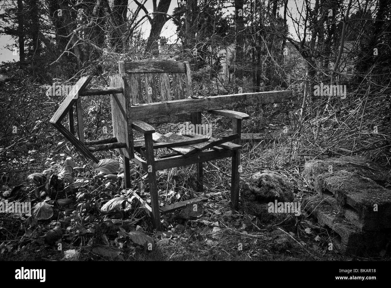 Holzstuhl und Vogel Tisch in schwarz / weiß Foto aufgegeben Stockfoto