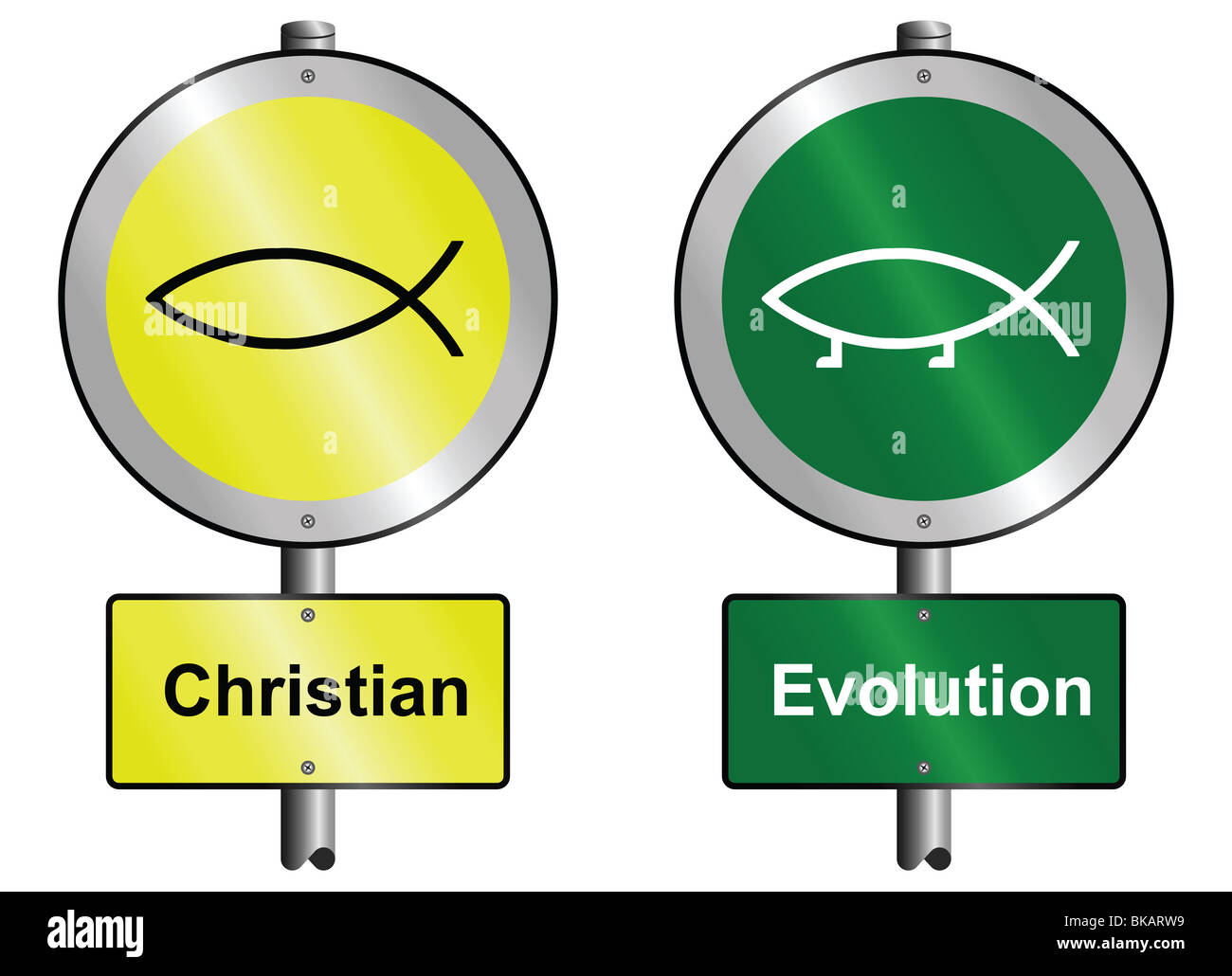 Grafiken von Christian und Evolution Grafik und Text Zeichen auf Pfosten montiert Stockfoto