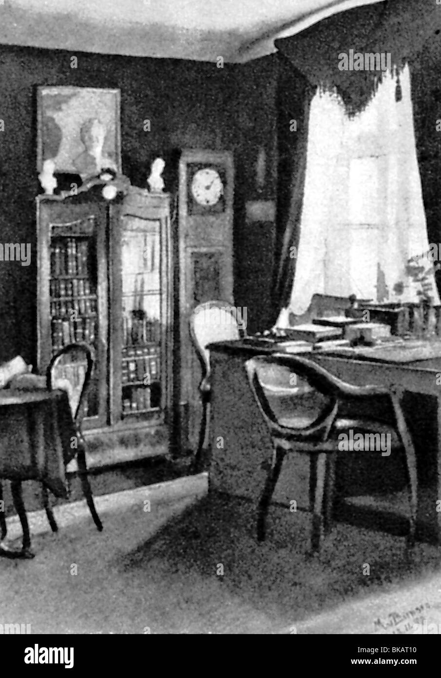 Fontane, Theodor, 30.12.1819 - 20.9.1898, deutscher Autor/Schriftsteller (Dichter), sein Werkraum in Berlin, Potsdamer Straße, nach Aquarell von Marie von Bunsen, 1898, Stockfoto