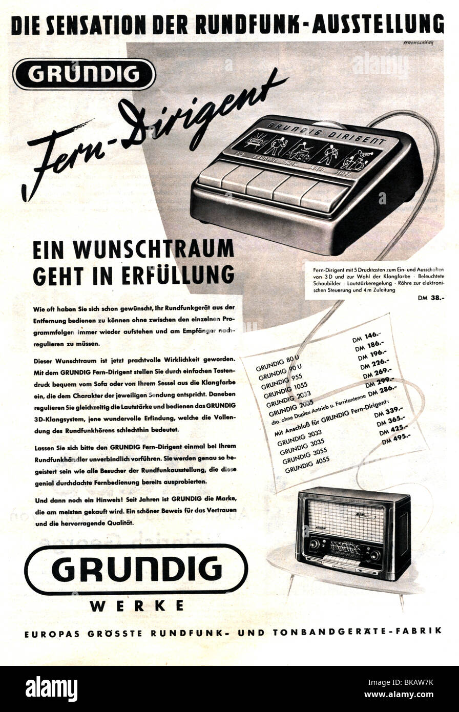 Werbung, Radio, Grundig Dirigent Fernbedienung, Anzeige im Revue Magazin,  München, Nummer 41, 8.10.1955 Stockfotografie - Alamy
