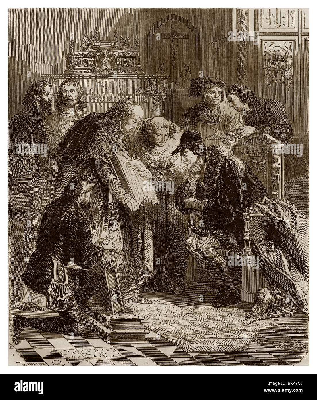 Am 23. Dezember 1482 Louis XI begrüßte die Flandern-Gesandten und schwor auf das Evangelium mit dem rechten Ellbogen den Vertrag von Arras. Stockfoto