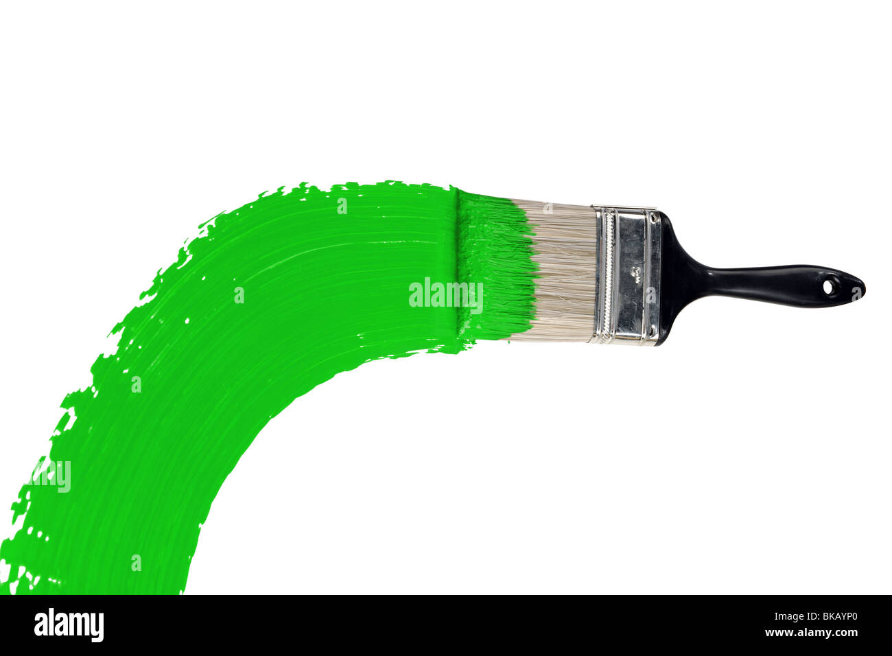Pinsel mit grüner Farbe isoliert auf weißem Hintergrund Stockfoto