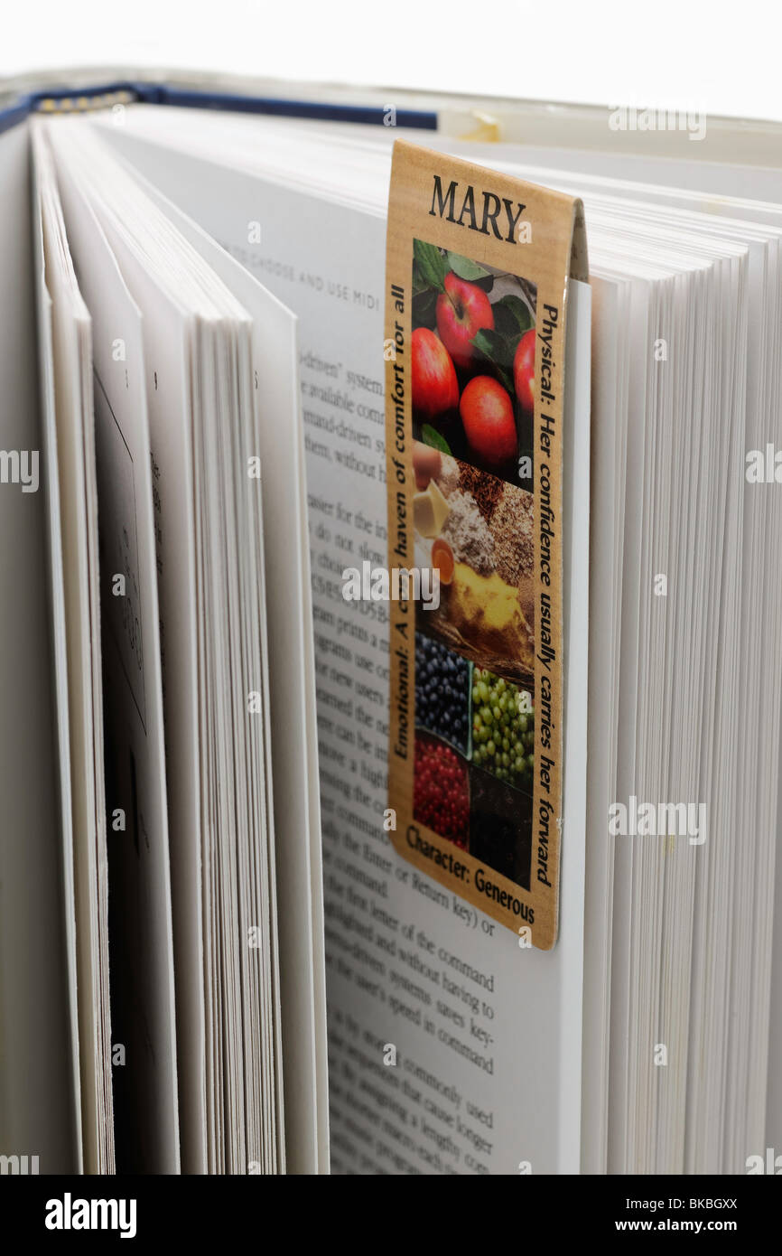 Offenes Buch mit magnetischen Lesezeichen befestigt Stockfoto