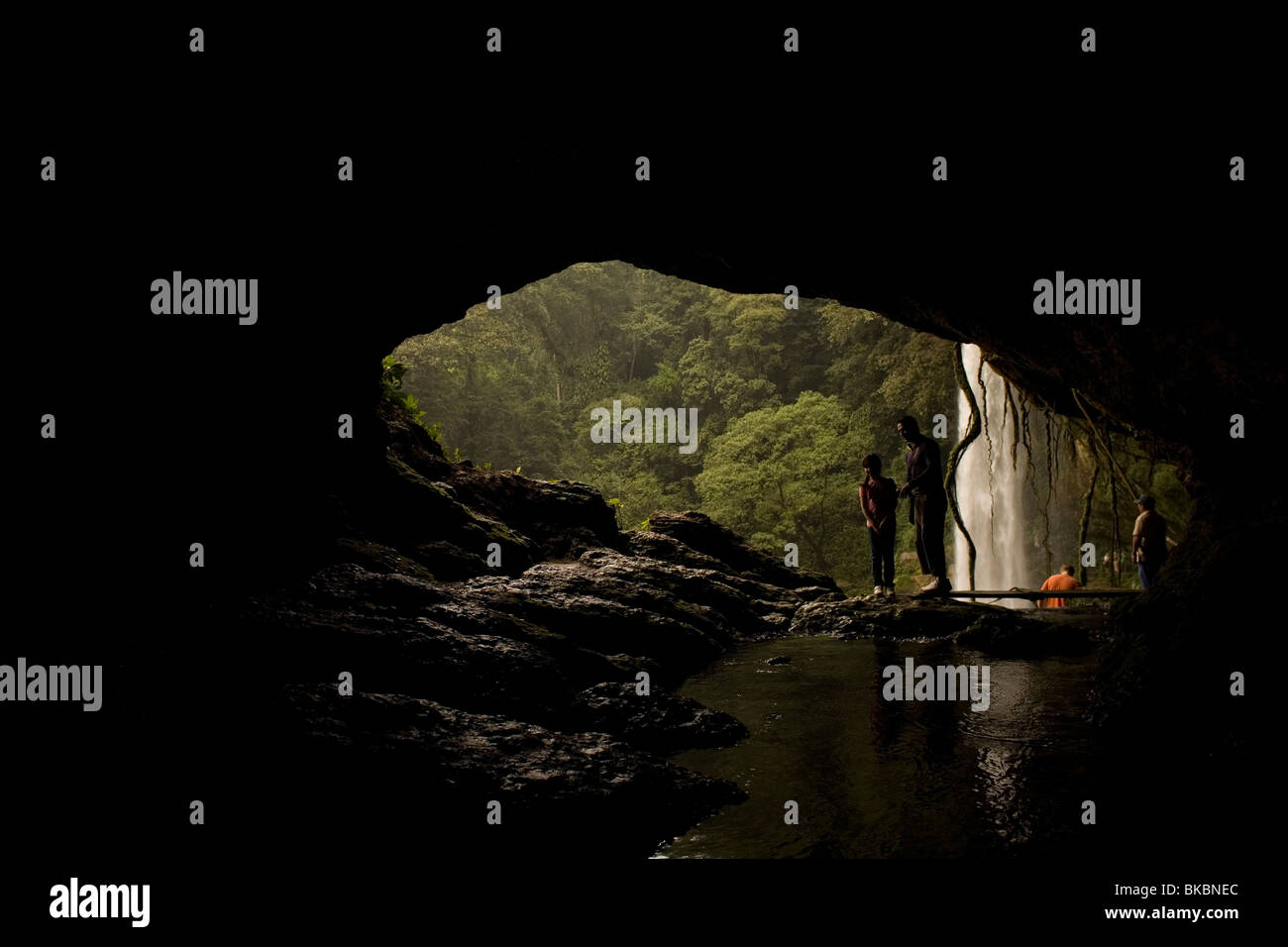 Touristen besuchen eine Höhle am Wasserfall Misol Ha in Salto de Agua, Chiapas, Mexiko, 20. Februar 2010. Stockfoto