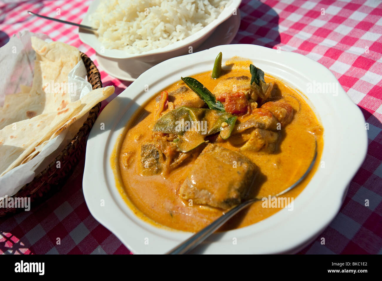 Fisch Masala-Curry mit Reis und typisch indisches Brot, Kerala, Indien Stockfoto