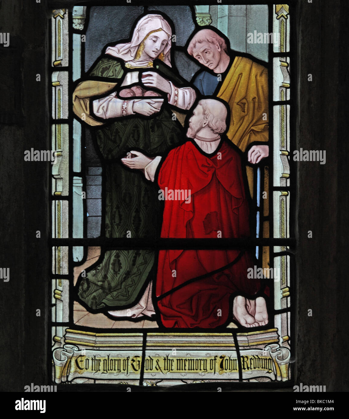 Glasmalerei, Darstellung eines Gefreiten Werke der Barmherzigkeit; Den hungrigen, St Mary die Jungfrau Kirche, Tysoe, Warwickshire Stockfoto