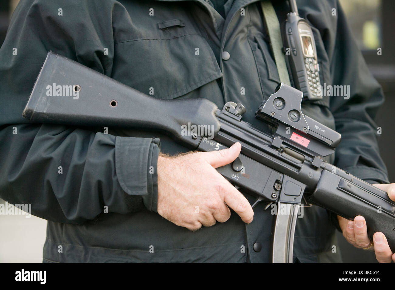 Ein bewaffneter Polizist außerhalb der Unterhaus-London Stockfoto