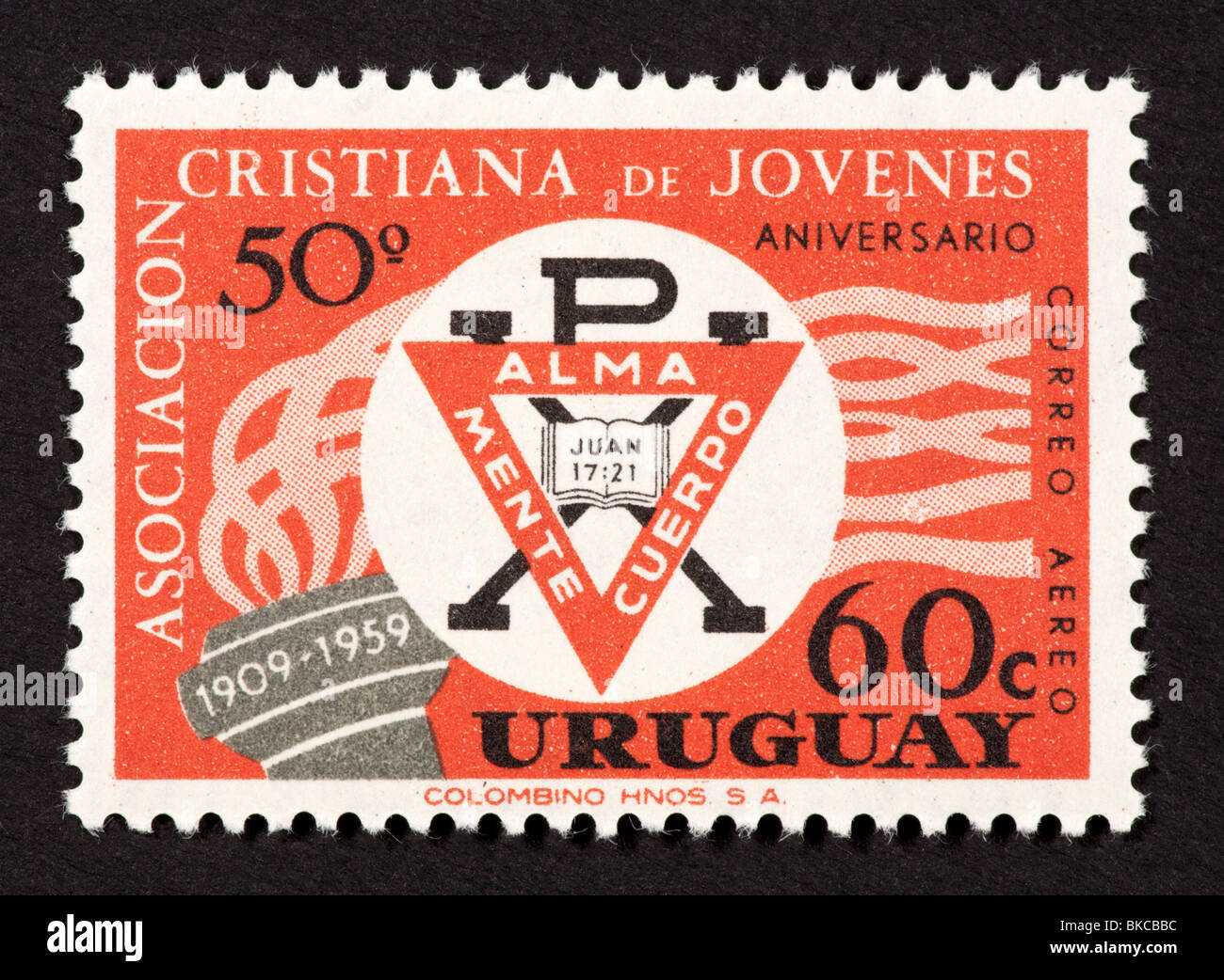 Luftpost Stempel aus Uruguay für den 50' Jahrestag des CVJM in Uruguay. Stockfoto