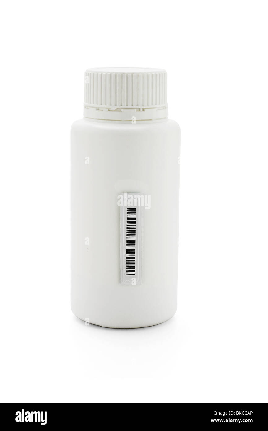 Medizin-Behälter mit Kunststoff Barcode-Aufkleber auf der Seite Stockfoto