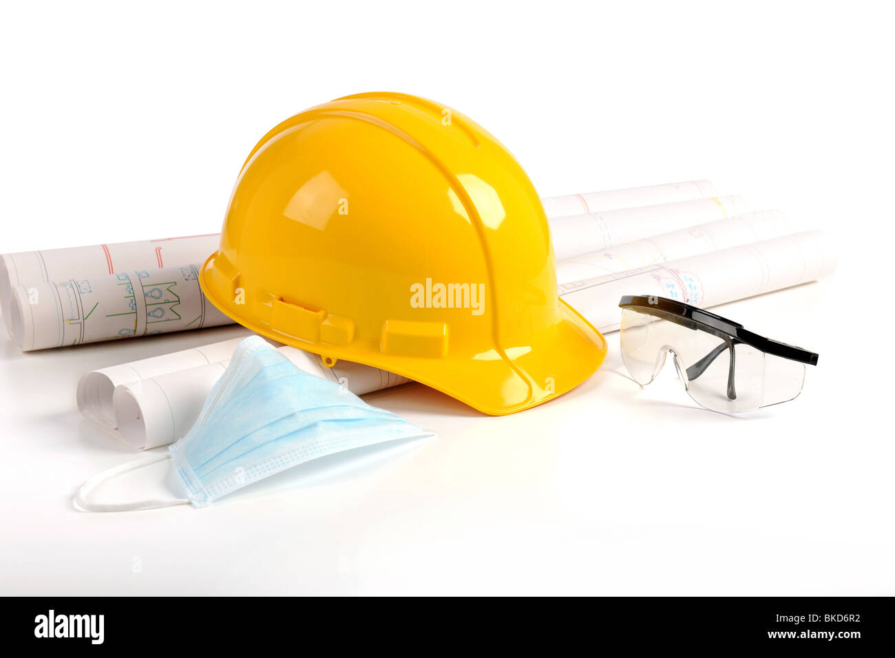 Harter Hut, Pläne und Sicherheit Schutzausrüstung in der Bauindustrie Stockfoto