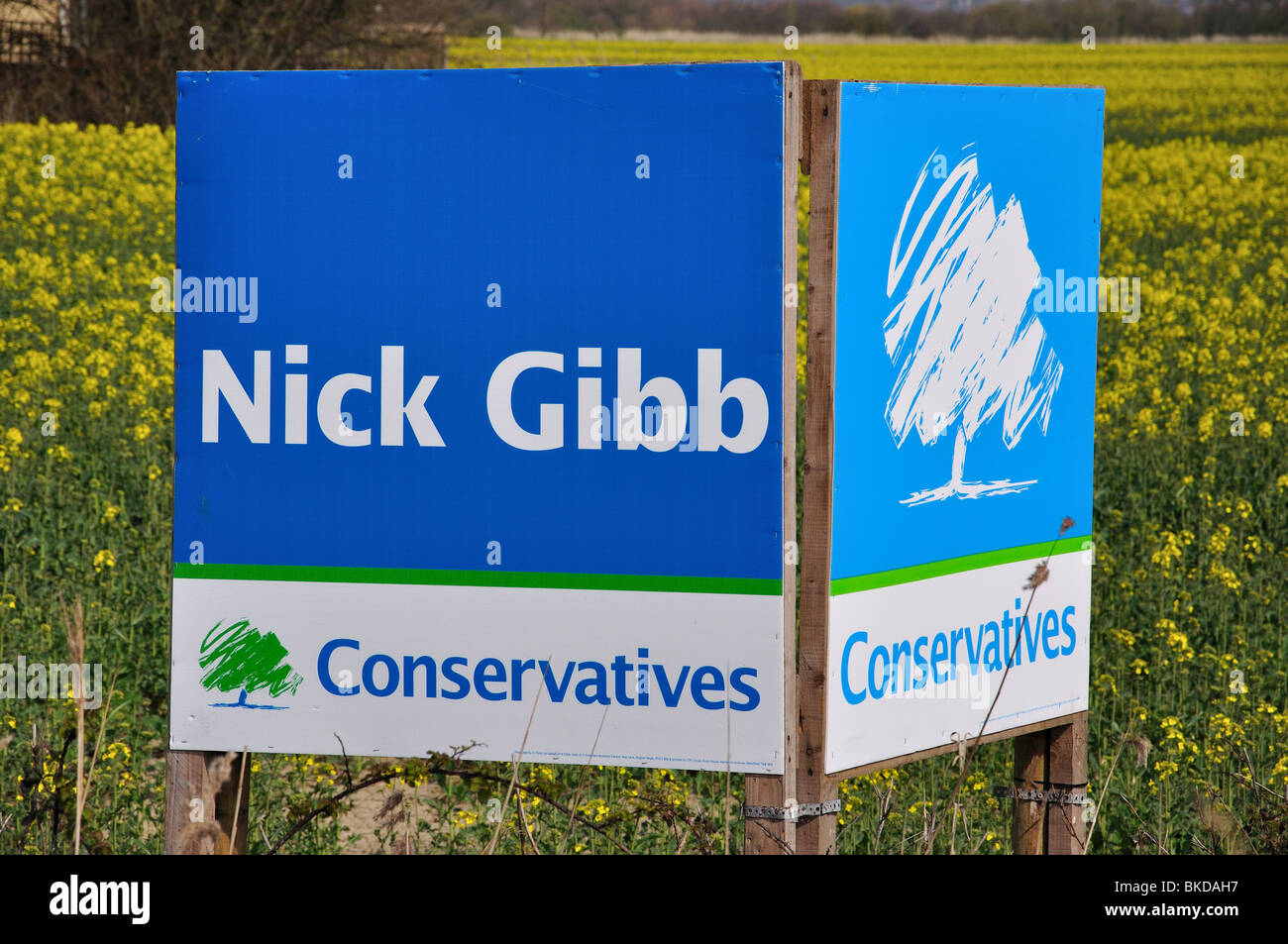 Konservative Partei Wahl anmelden Feld in der Nähe von Middleton-sur-mer, West Sussex, England, Vereinigtes Königreich Stockfoto