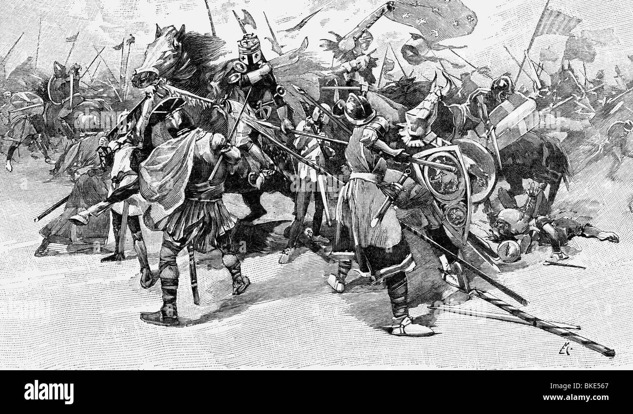 Ereignisse, Krieg von Bouvines 1202 - 1214, Schlacht von Bouvines, 27.7.1214, Holzgravur nach Malerei von Marold, 19. Jahrhundert, Frankreich, England, Heiliges Römisches Reich, Französisch, Englisch, Deutsch, Ritter, Mittelalter, Flandern, 12. Jahrhundert, historisch, historisch, mittelalterlichen, Menschen, Stockfoto