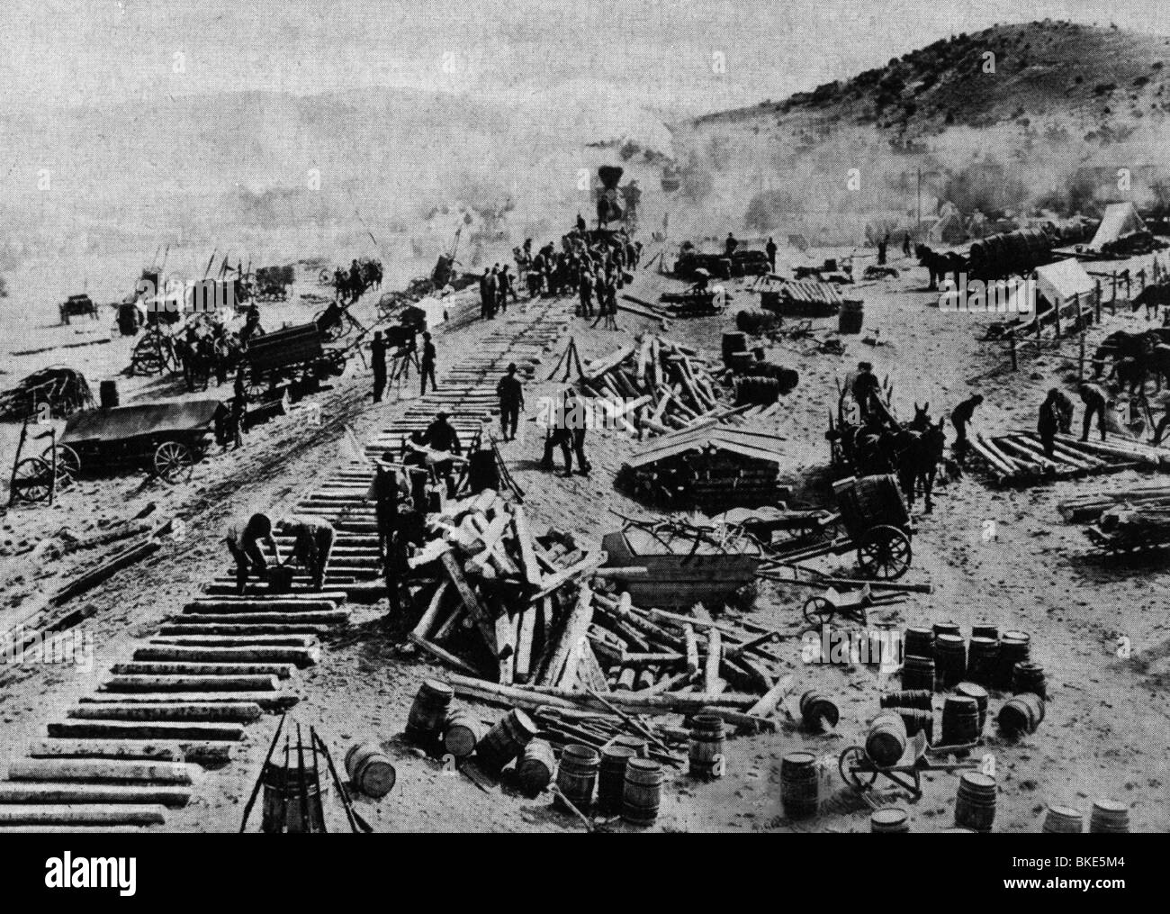 Geografie/Reise, Vereinigte Staaten von Amerika, Verkehr, Eisenbahn, Transcontinetal Eisenbahn im Bau, ca. Stockfoto