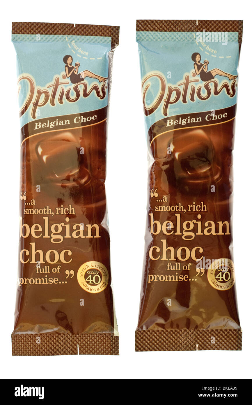 Trinken Sie zwei Beutel Optionen belgische Schokolade Schokolade instant Pulver Stockfoto