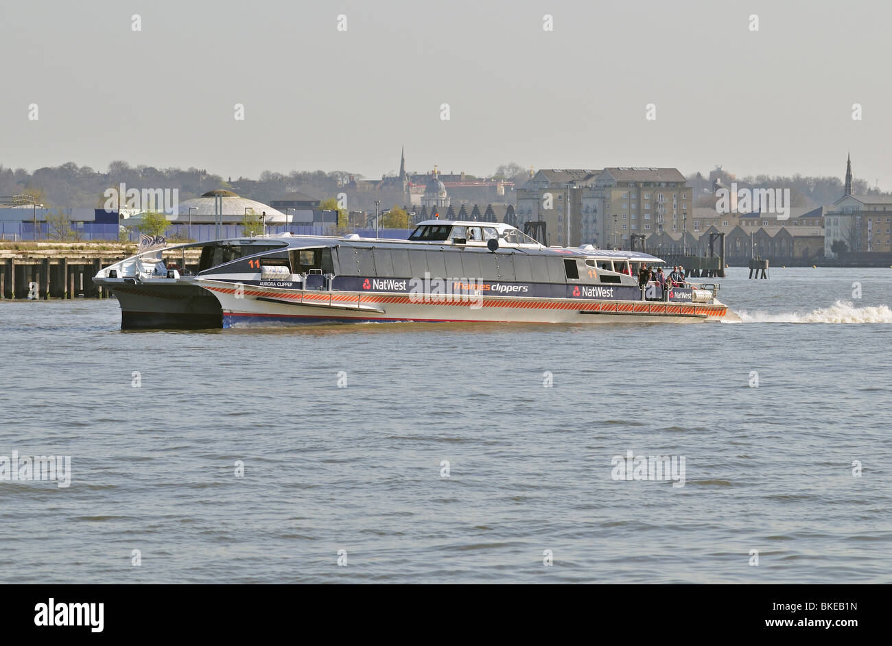 Thames Clippers Riverboat, Halbinsel Greenwich, London, Vereinigtes Königreich Stockfoto