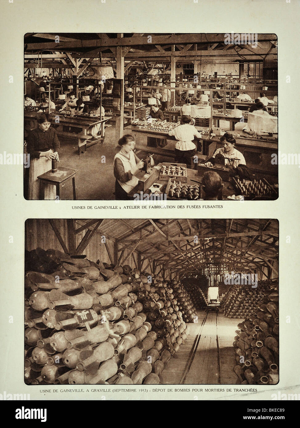 Bombe Depot und weibliche Arbeitnehmer ausfüllen Granaten in der Munitionsfabrik Gaineville bei Graville während des ersten Weltkrieges Stockfoto