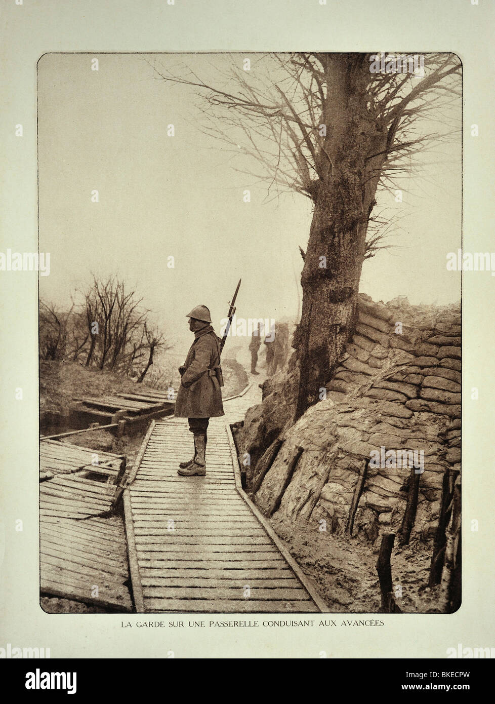 Sentry mit festen Bajonett auf Gewehr Bewachung Promenade führt an vorderster Front in West-Flandern während ersten Weltkrieges One, Belgien Stockfoto