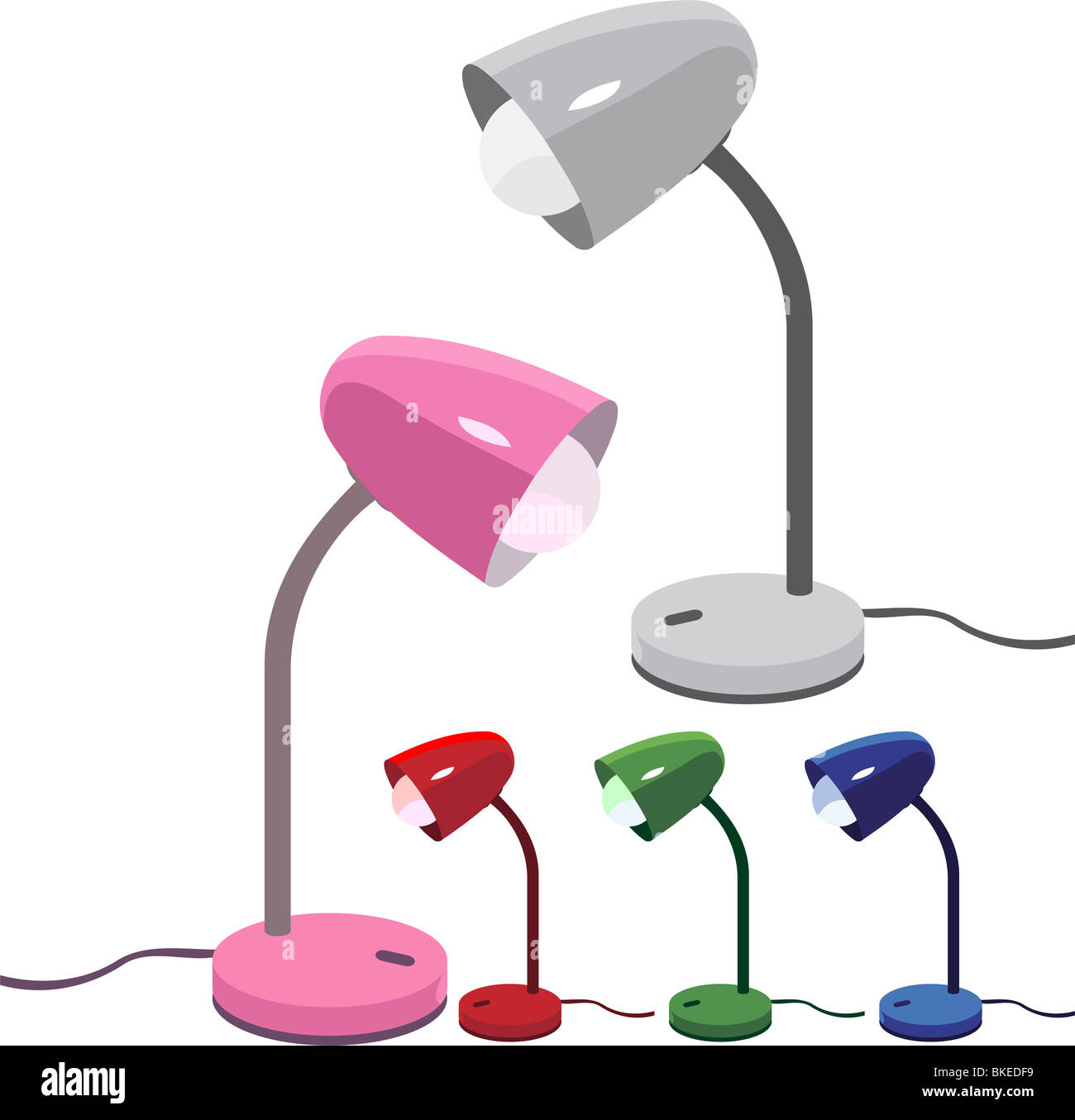 5 verschiedene Farben Schreibtisch Lampen Illustrationen Stockfoto