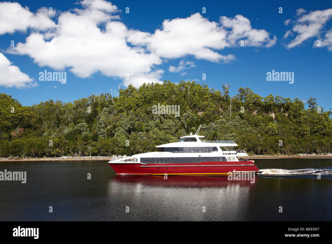 Cruise Boot, Gordon River, Franklin - Gordon Wild Rivers Nationalpark, Tasmanische Wildnis Welt Erbe Bereich, Tasmanien Stockfoto
