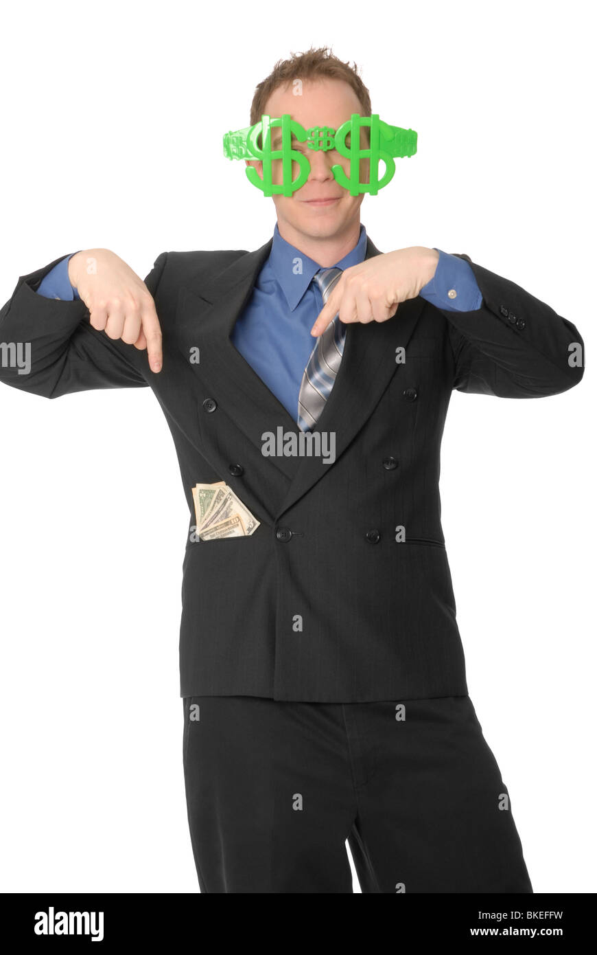 Mann mit Dollarzeichen Brille und Geld in der Tasche. Stockfoto