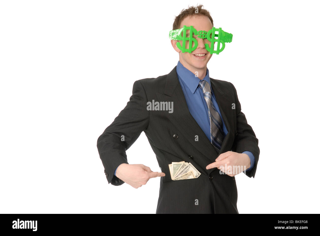 Mann mit Dollarzeichen Brille und Geld in der Tasche. Stockfoto