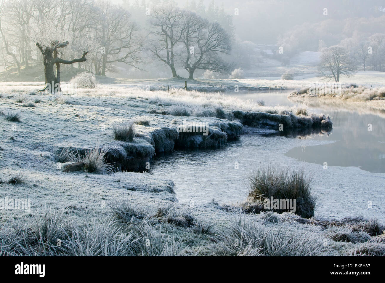 Frost in der Morgendämmerung auf dem Fluß Brathay in der Nähe von Ambleside UK Stockfoto