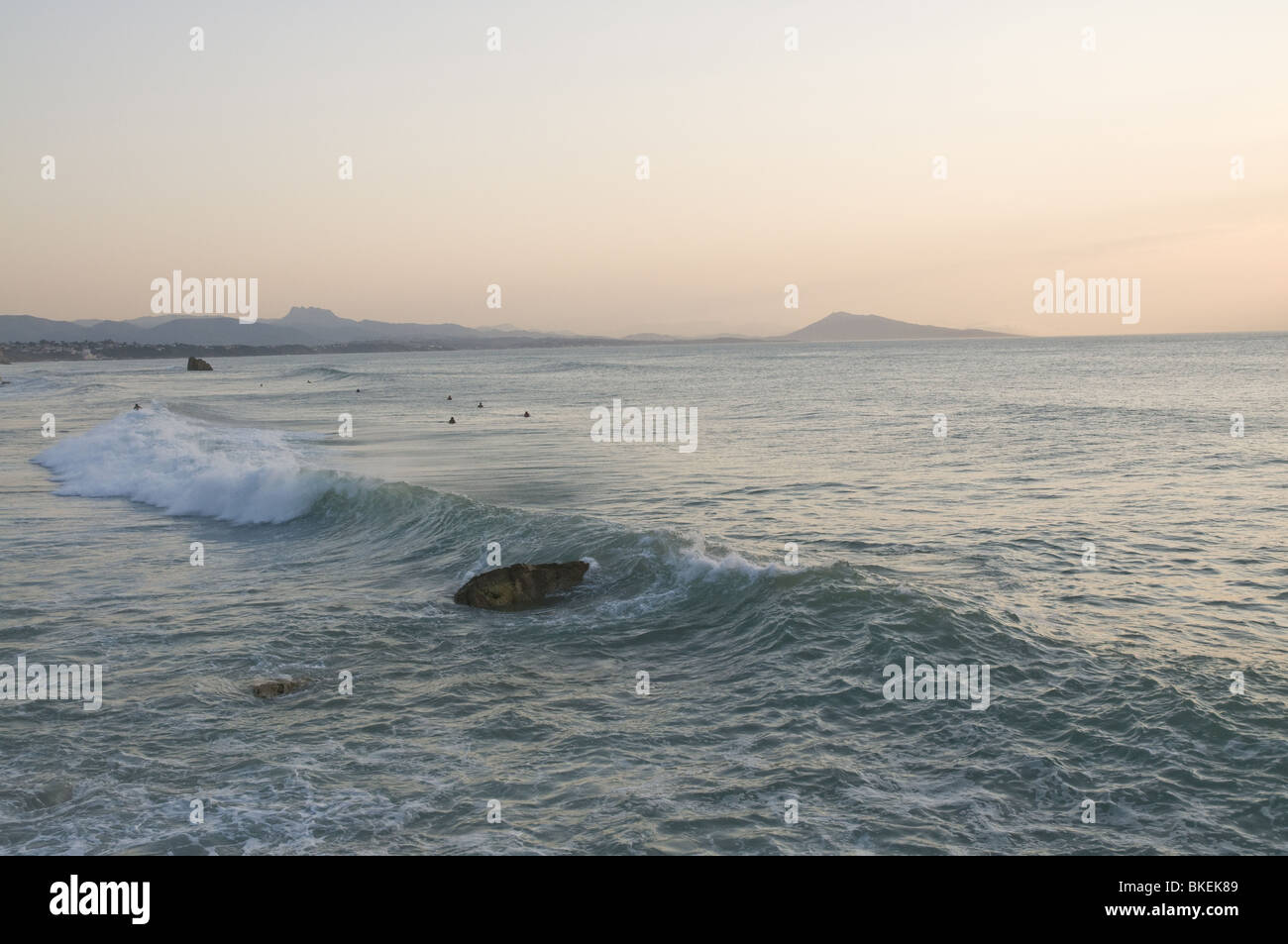 Miladys Strand in Biarritz in einem großen Wellen-Tag (Sommer) - Sonnenuntergang Stockfoto