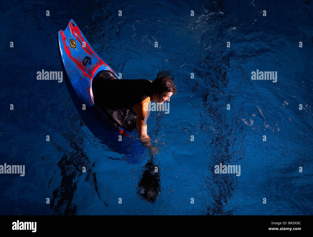 Freestyle-Wildwasser-Kajakfahrer cartwheeling blau Kajak, Ulm, Baden-Württemberg, Deutschland Stockfoto