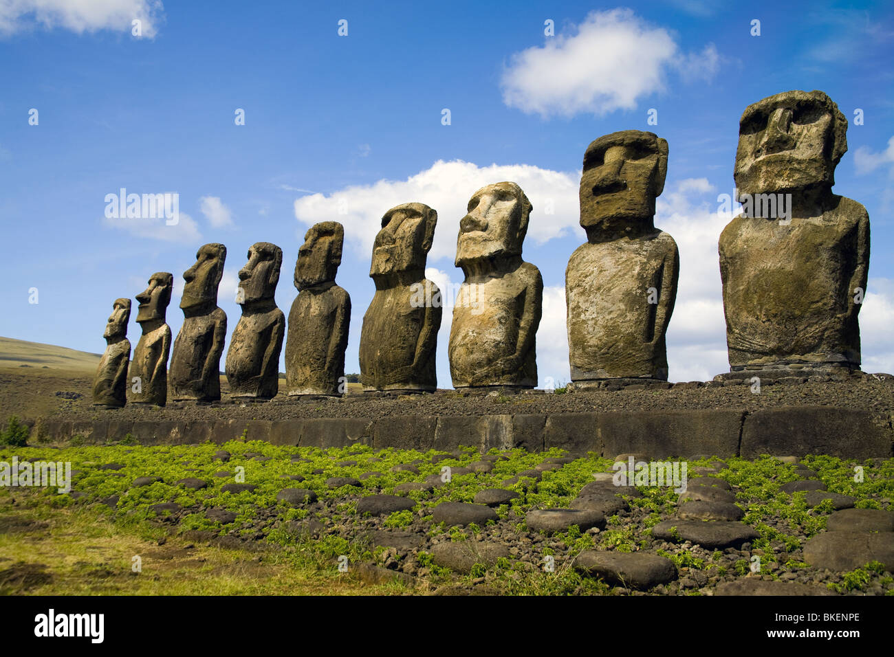 Ansicht der Ahu Tongariki, eindrucksvollsten Moai-Standort in Osterinsel, Chile. Stockfoto
