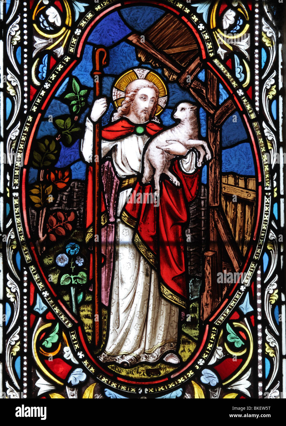 Detail aus einem Buntglasfenster von ward und Hughes um 1865, das zwölf Ereignisse aus dem Leben Jesu Christi, des Guten Hirten, darstellt Stockfoto