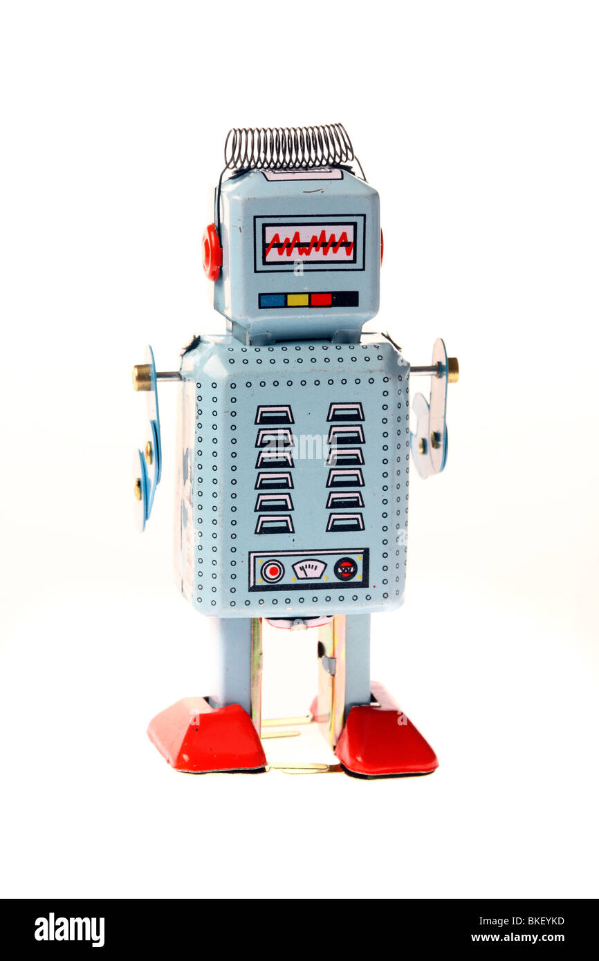 Spielzeug, Roboter bestehen aus Metall, Aufzieh Roboter mit einem Schlüssel in den Rücken Stockfoto