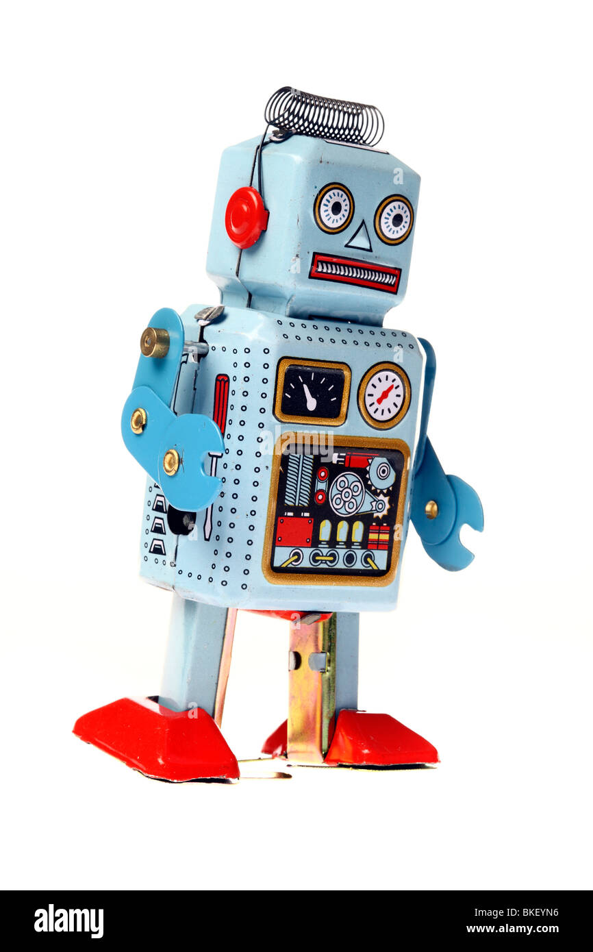 Spielzeug, Roboter bestehen aus Metall, Aufzieh Roboter mit einem Schlüssel in den Rücken Stockfoto