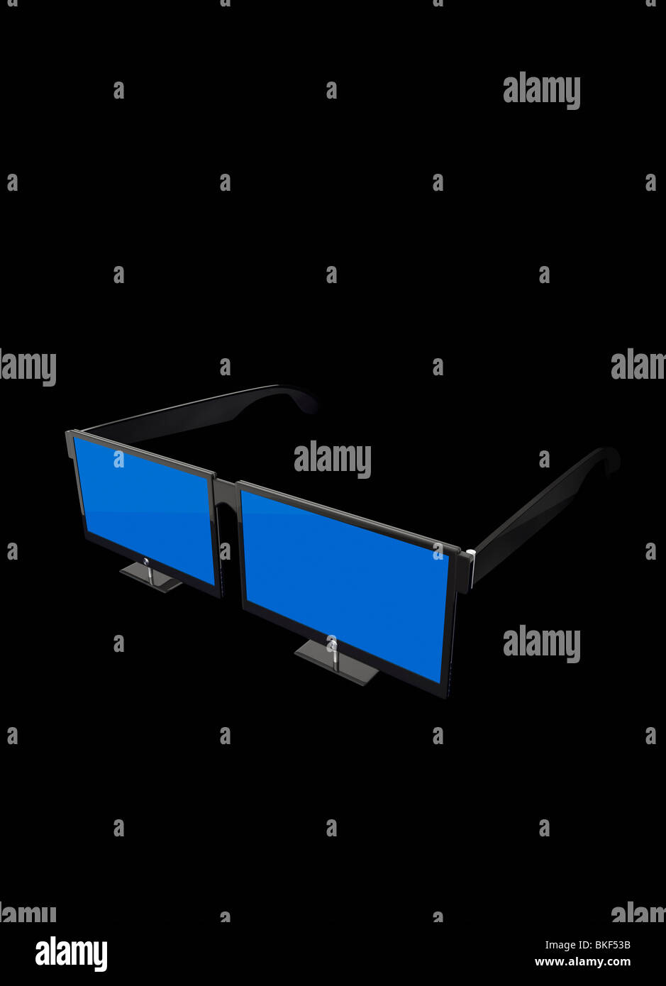 Zwei 3d Fernseher nebeneinander als 3d Brille auf schwarzem Hintergrund. Stockfoto