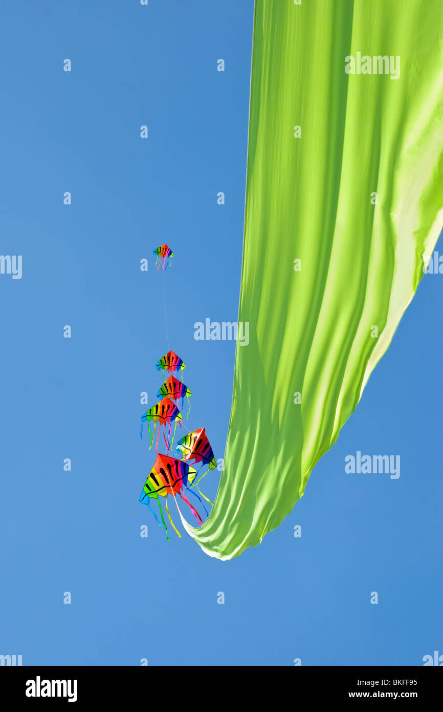 Ein sehr bunter Drachen mit sechs Köpfen und einem langen, lime Grünband schweben dahinter, aufgenommen auf dem Bristol Kite festival Stockfoto