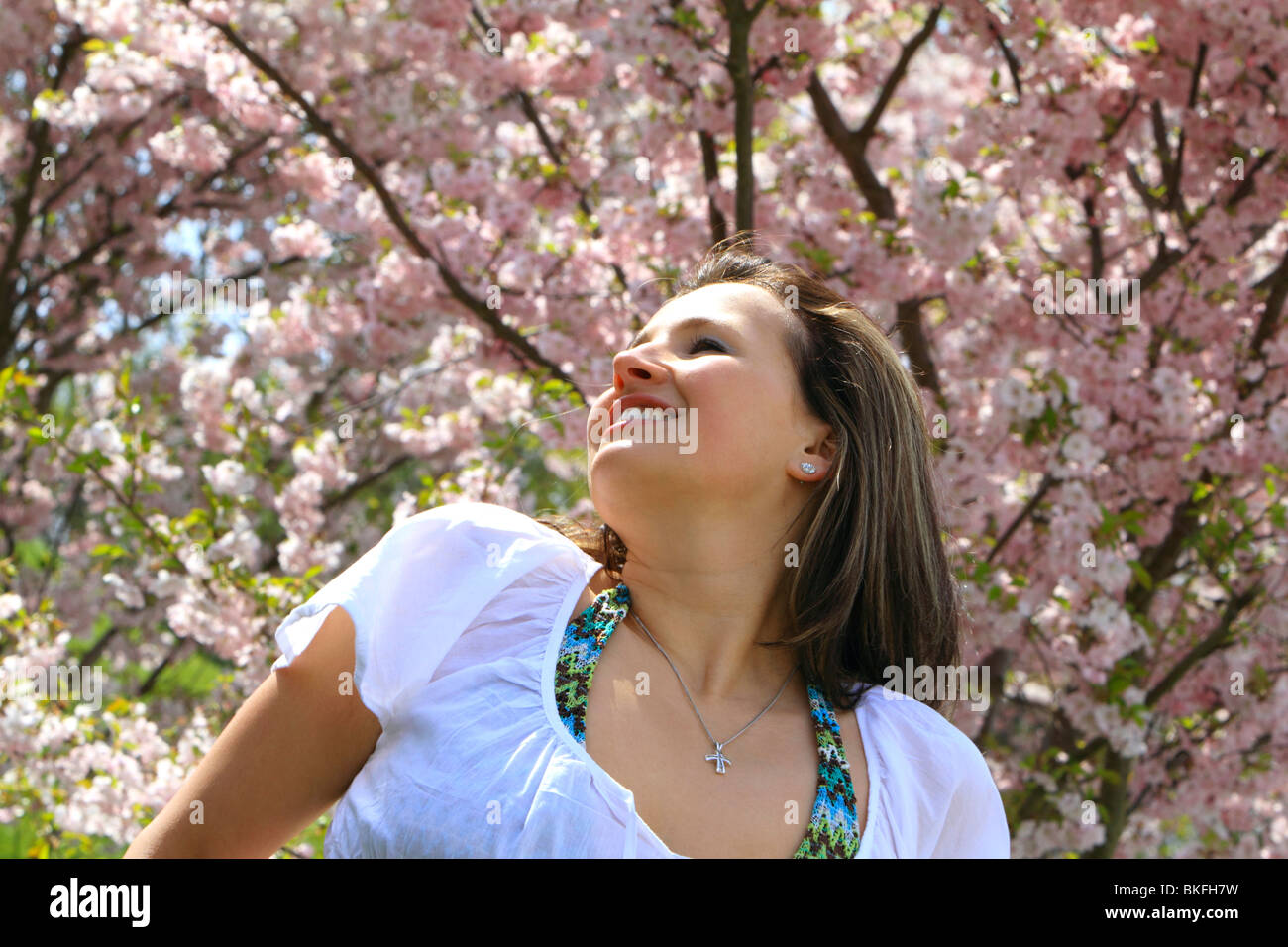 Glückliche junge Frau im Frühjahr blühenden Kirschbaum, Kirschblüten Stockfoto