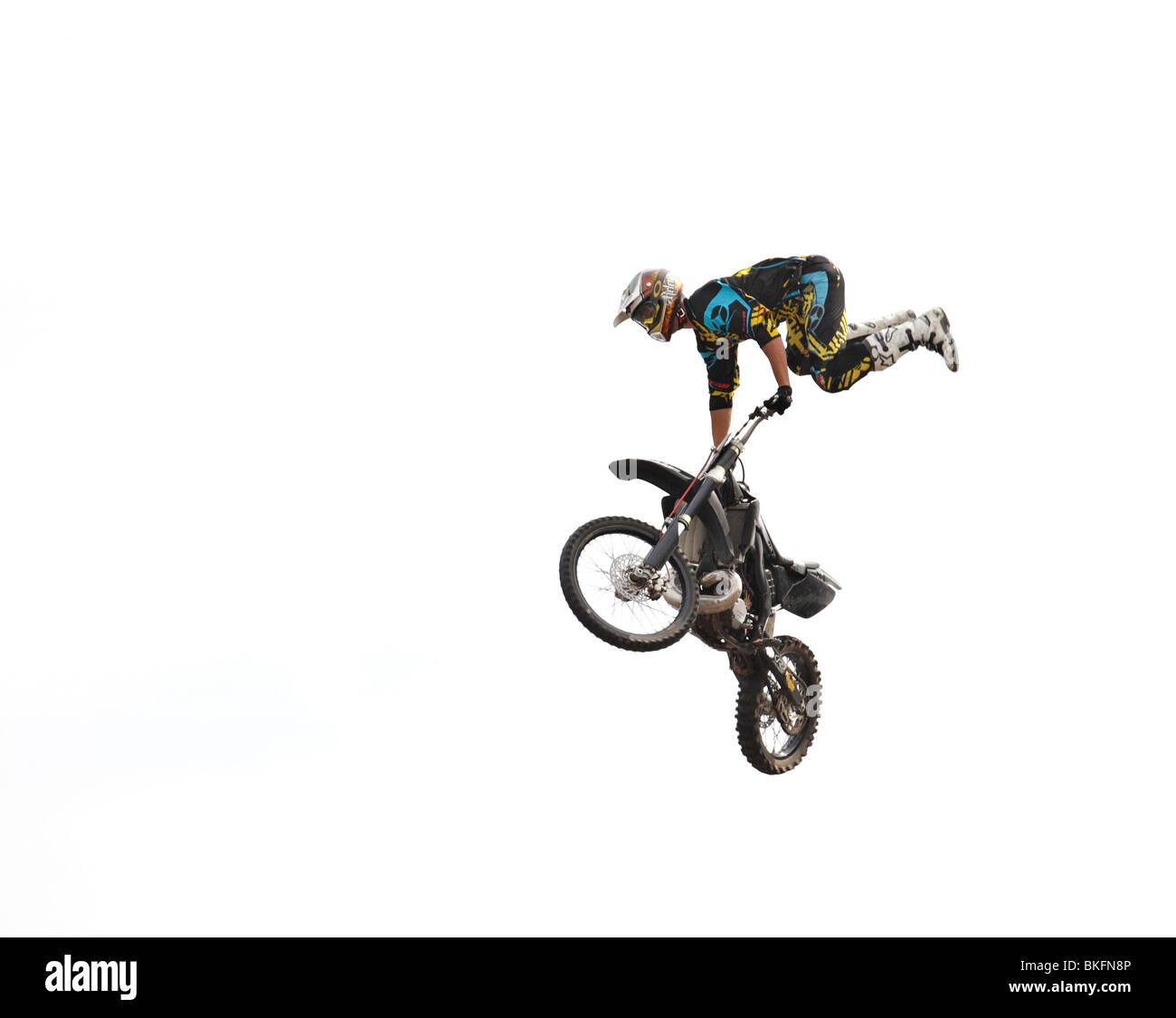 Freestyle-Motorrad in der Luft. Stockfoto