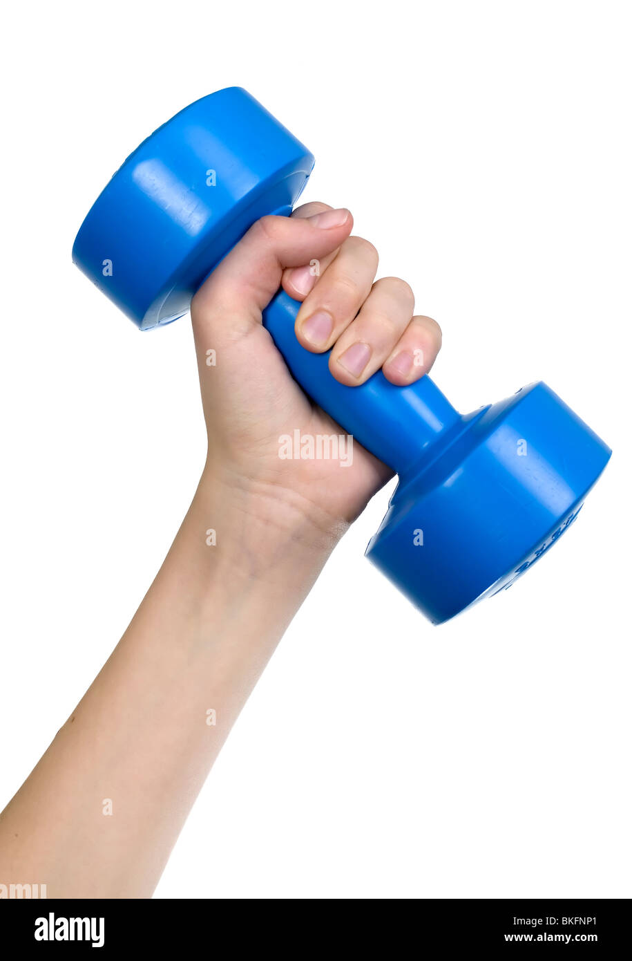 Menschliche Hand hält blau Hantel, weißer Hintergrund Stockfoto