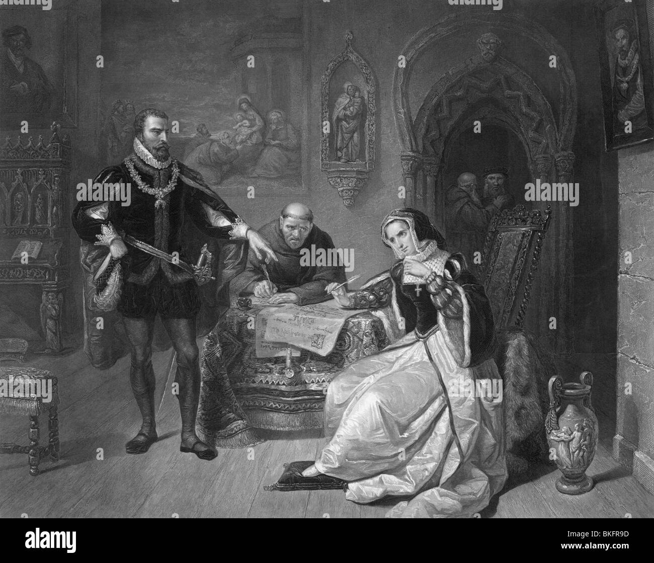 Vintage print c1848 Darstellung katholischen Königin Mary I von England, die Unterzeichnung des Todes protestantische Cousine Lady Jane Grey zu rechtfertigen. Stockfoto