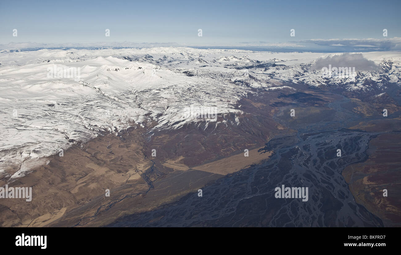 Luftaufnahme des Eyjafjallajökull und Markarfljót Fluss mit Asche aus Vulkanausbruch Island Stockfoto