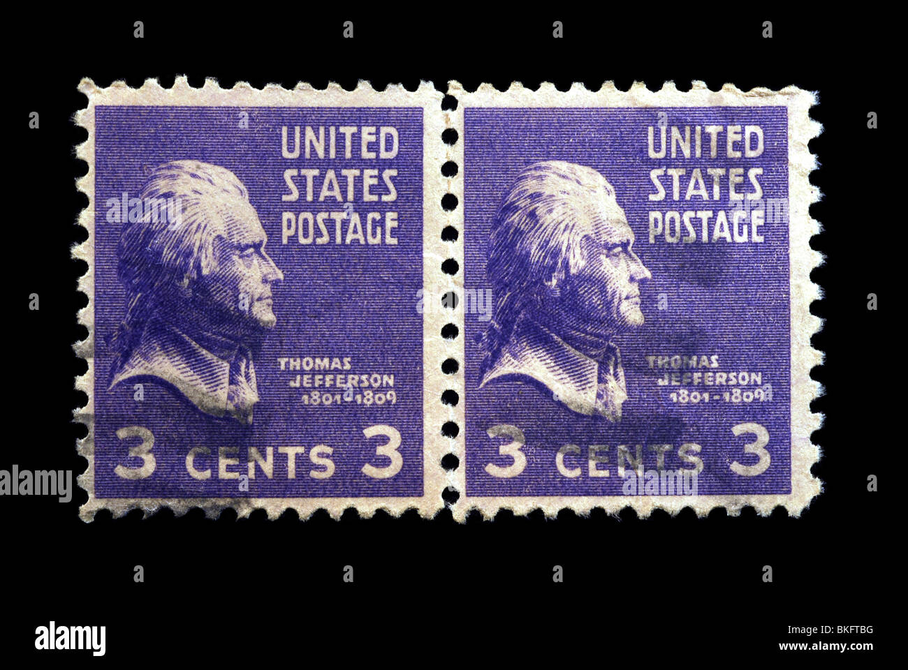 Ein paar von Thomas Jefferson 3 US-Cent Briefmarken. Stockfoto