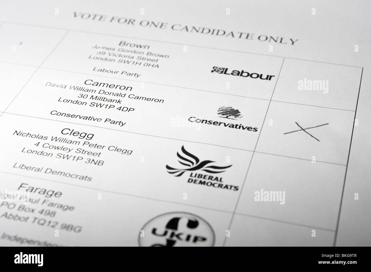 Mock-up der britische allgemeine Wahl Urabstimmung Papier zeigt für die Konservativen / David Cameron Stockfoto
