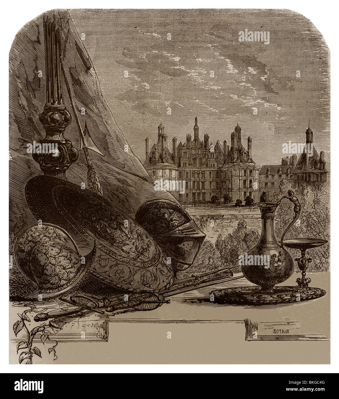 Renaissance in Frankreich: Helm, Schild, Beckenhaube, Schwert, Speer, Krug, Becher, mit im Hintergrund Gebäude des gotischen Stil. Stockfoto
