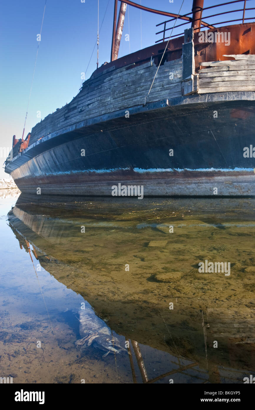 Ein toter Fisch im klaren Wasser vor einem alten Piratenschiff. Stockfoto