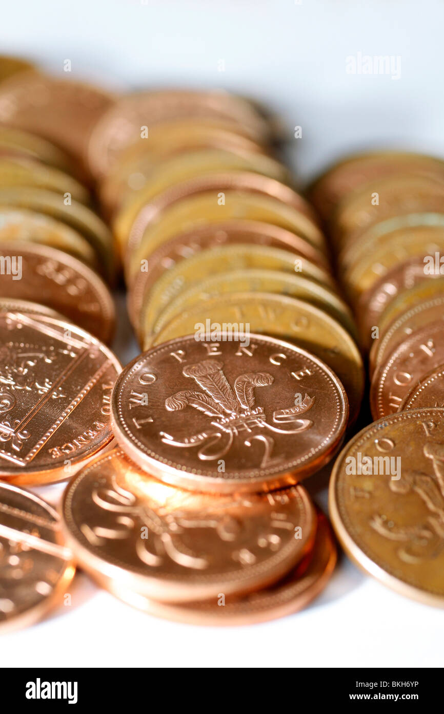 Zwei Pence Münzen Stockfoto