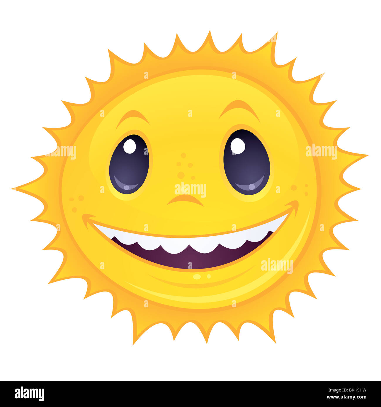 Smiley Sonne Vector Cartoon-Zeichnung eine glückliche, lachende Sonne. Ideal für Frühling und Sommer Designs. Stockfoto