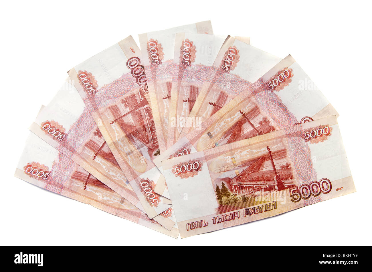 Russland Rubel - fünf Tausend Rubel Banknoten über weiß Stockfoto